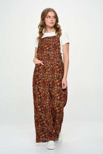 FALL FLORAL PRINT CORDUROY OVERALLS