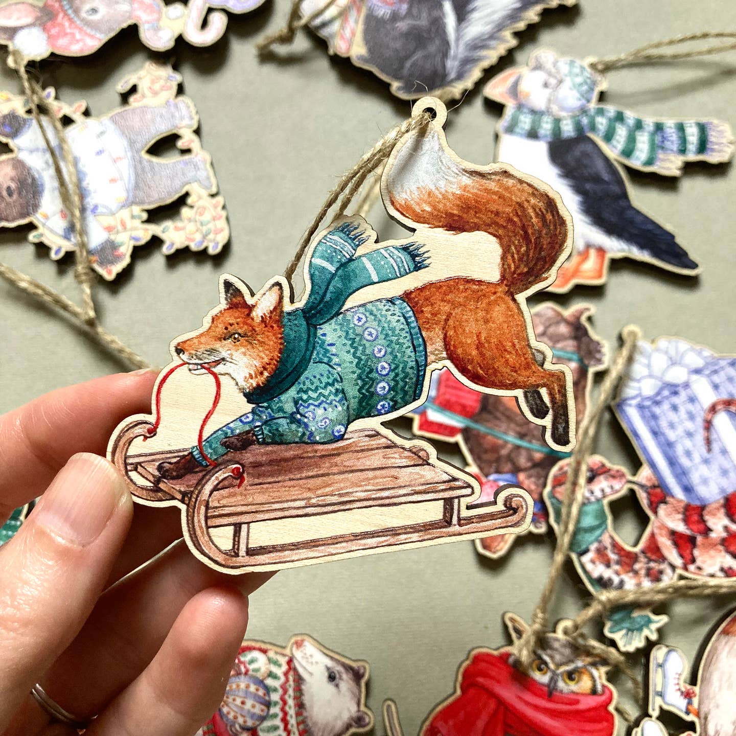 FESTIVE FOX WOODEN HOLIDAY ORNAMENT