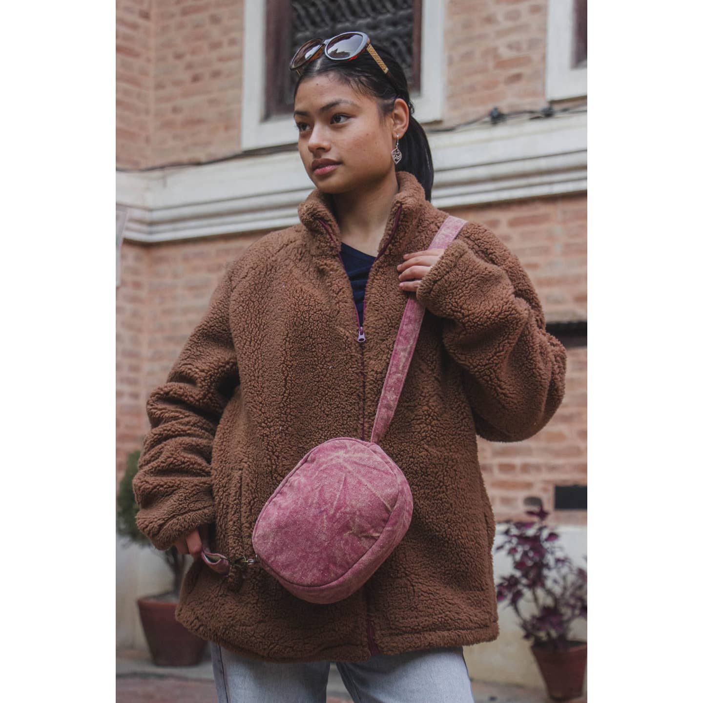 MAROON STONEWASHED CROSSBODY BAG - PILLBOX SHAPE