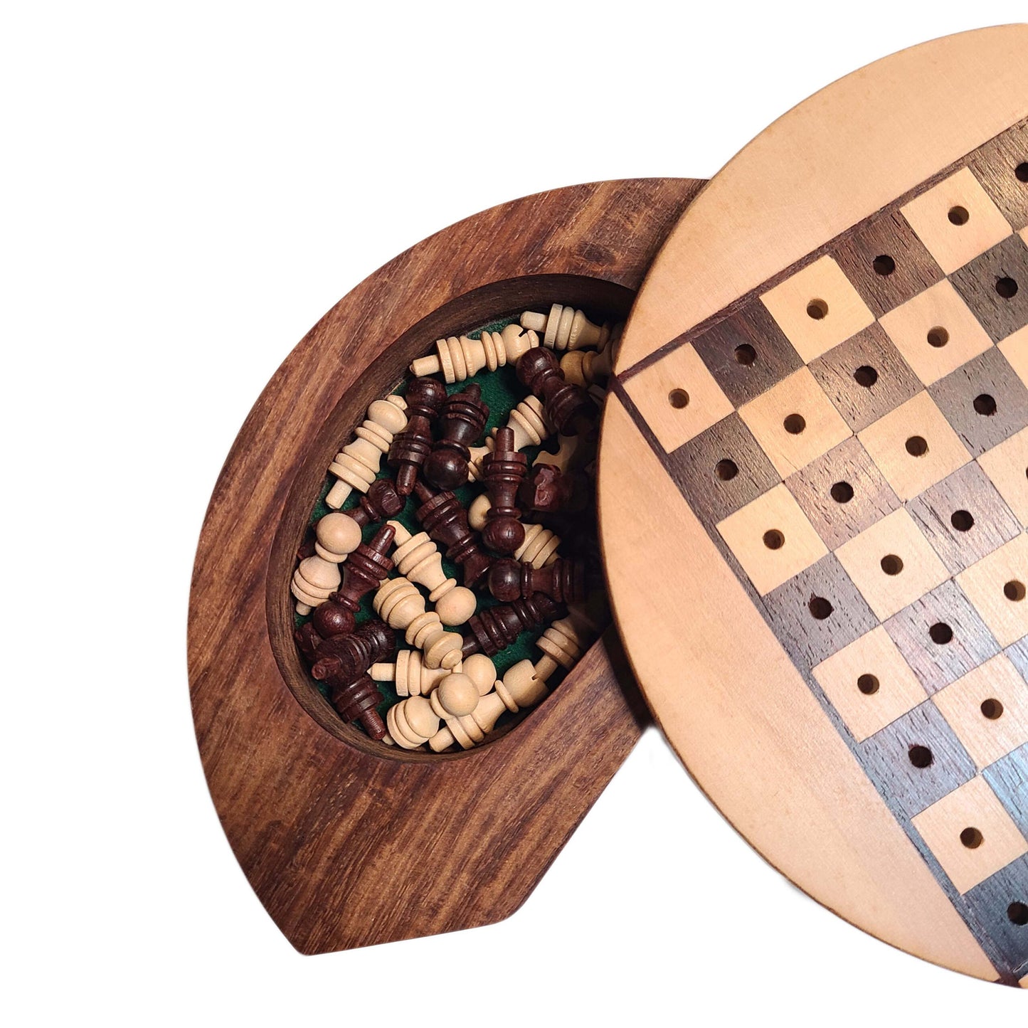 Round Wooden Travel Chess Set with Pegged Chessmen – 6 inches