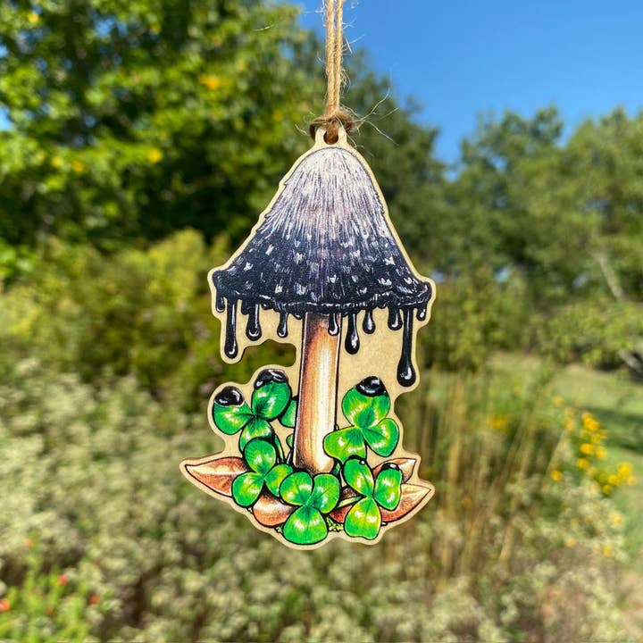 SHAGGY INK MUSHROOM WOODEN HOLIDAY ORNAMENT