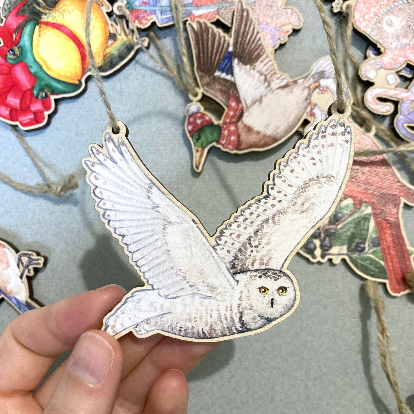 SNOWY OWL WOODEN HOLIDAY ORNAMENT