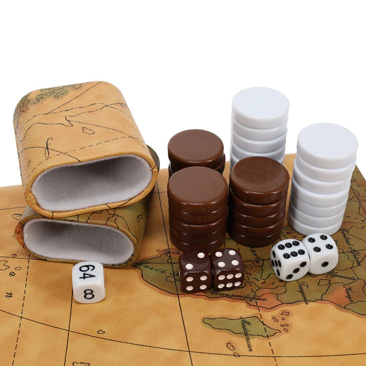 TAN MAP STYLE LEATHERETTE BACKGAMMON 18" X 11"