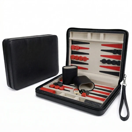 MAGNETIC BACKGAMMON WITH LEATHERETTE CASE AND CARRYING STRAP - TRAVEL SIZE