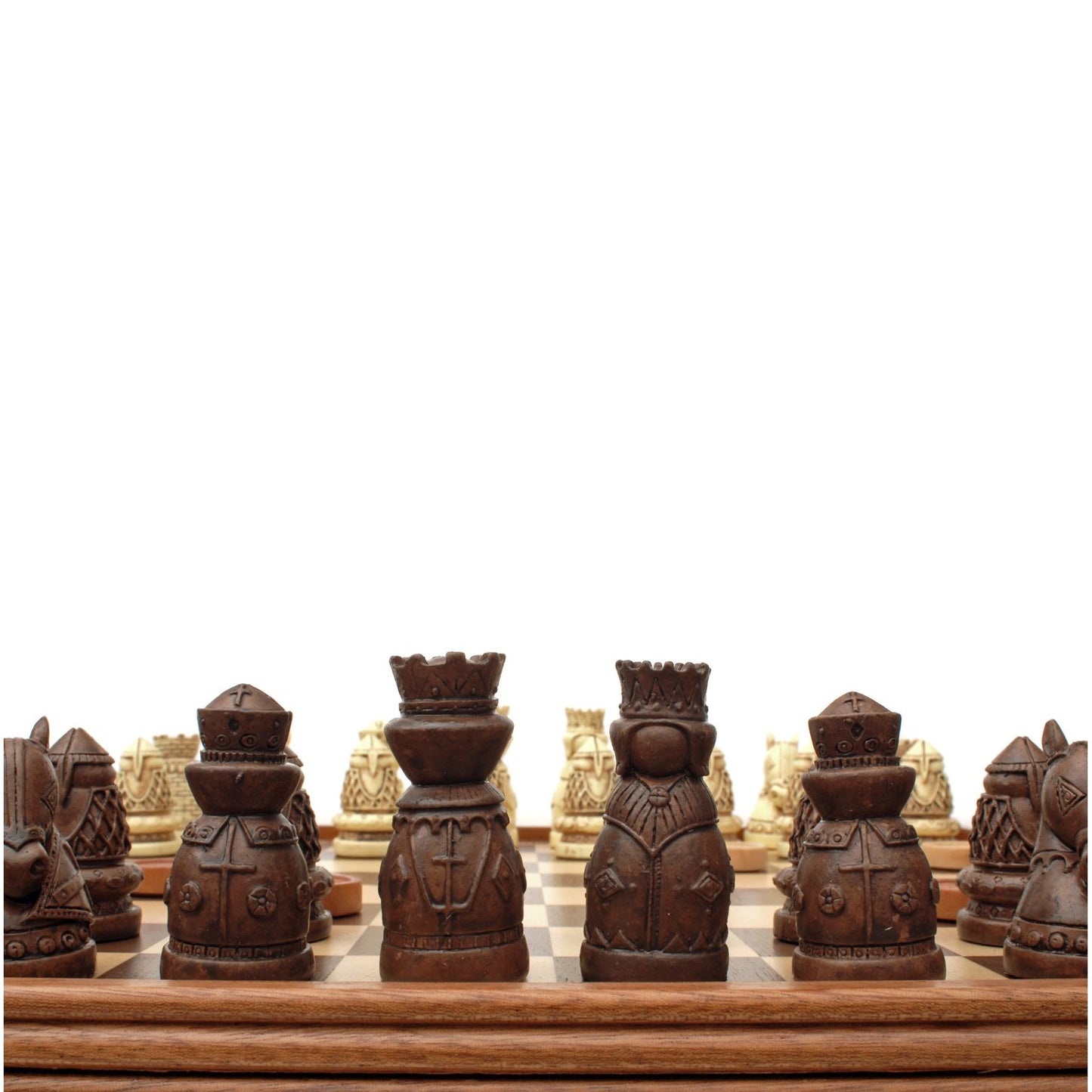 Medieval Chess & Checkers Game Set – Brown & Ivory Chessmen & Wood Board with Storage Drawers 14.75 in.