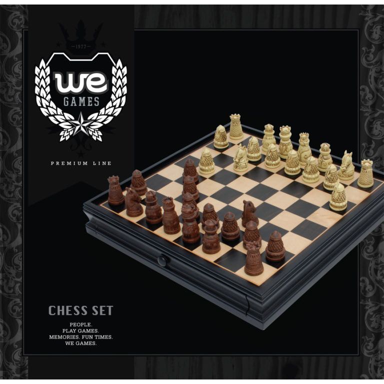 Medieval Chess & Checkers Set – Polystone Pieces, Black Stained Wooden Board with Storage Drawer – 15 in.