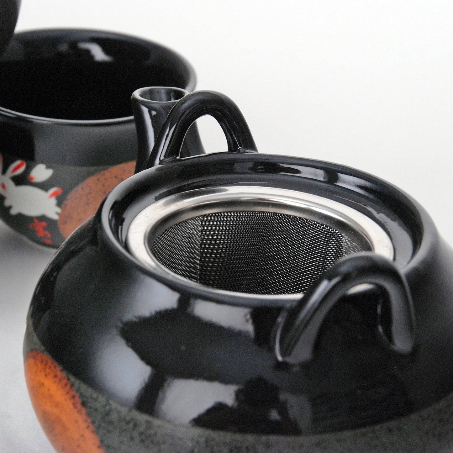 RABBITS UNDER THE GOLDEN MOON CHINESE TEA SET (TEAPOT AND FOUR TEACUPS)