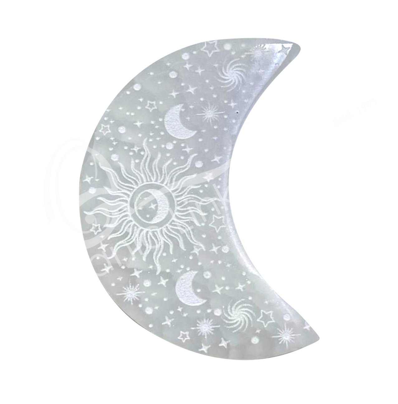 ENGRAVED SELENITE CELESTIAL MOON DECOR