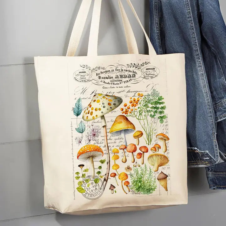 VINTAGE MUSHROOMS CANVAS TOTE BAG