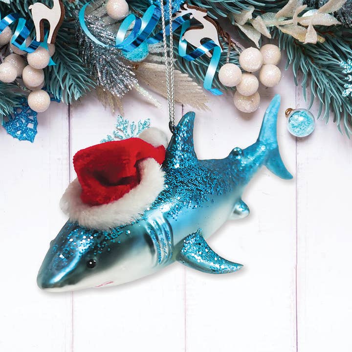 SHARK WITH SANTA HAT GLASS HOLIDAY ORNAMENT