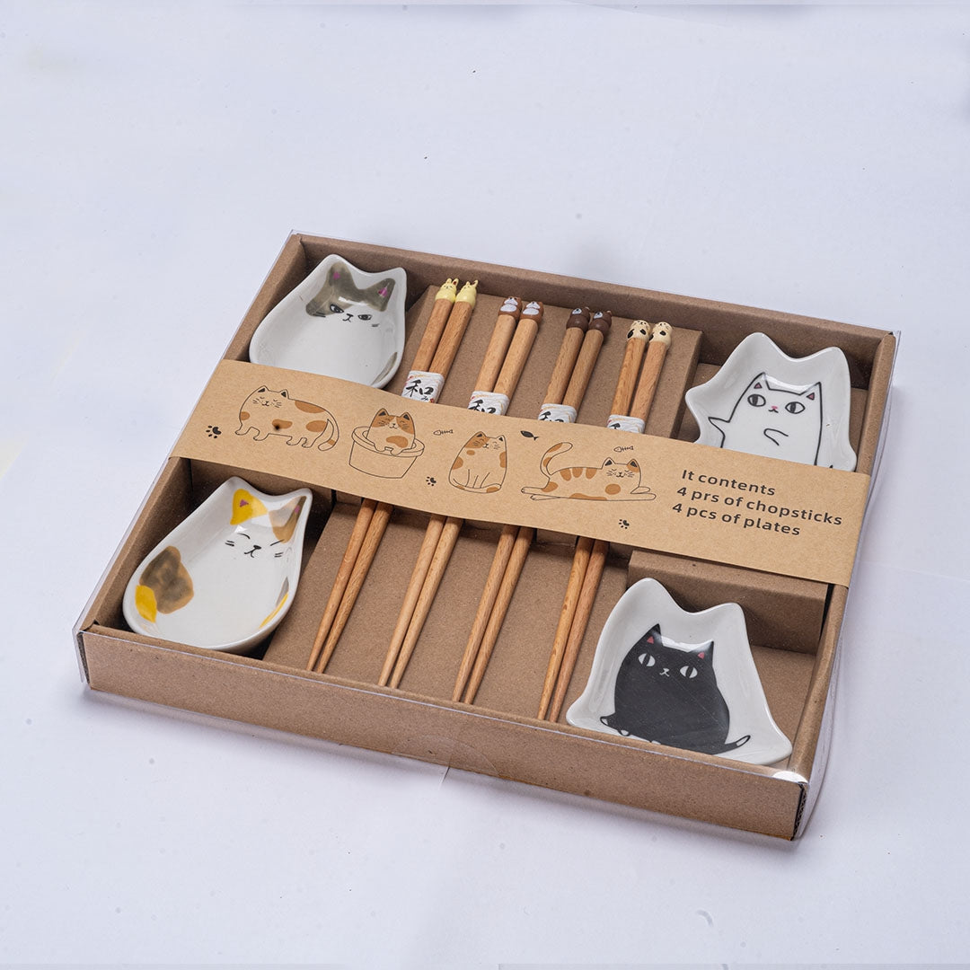 CUTE CATS CHOPSTICKS AND SAUCE DISH SET