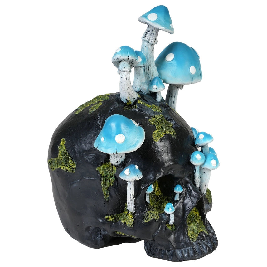 GOBLINCORE BLACK SKULL WITH BLUE MUSHROOMS