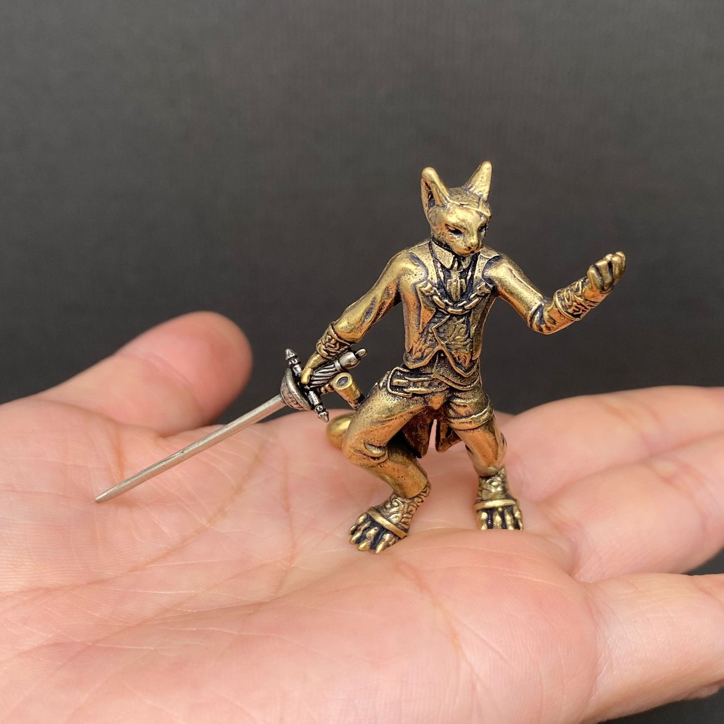 MINIATURE BRASS CAT SWORDSMAN