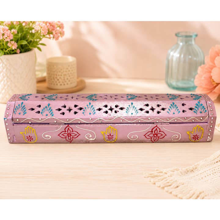 PINK HAND PAINTED WOODEN INCENSE BOX