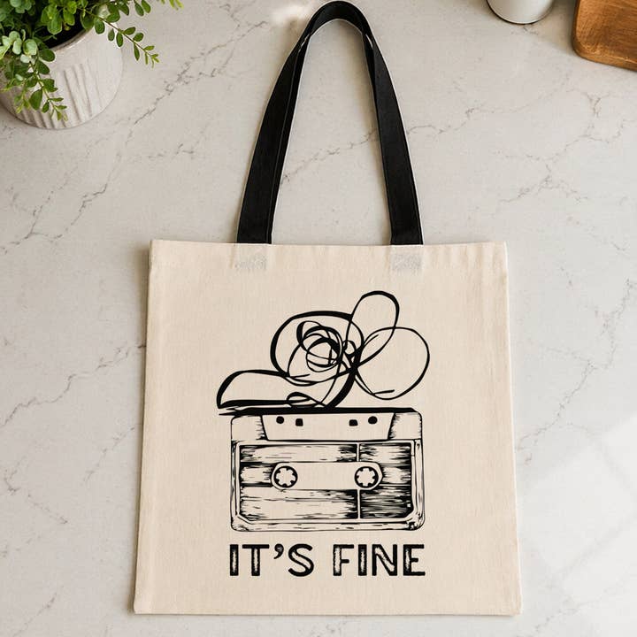 IT'S FINE CASSETTE TAPE BLACK HANDLE TOTE BAG