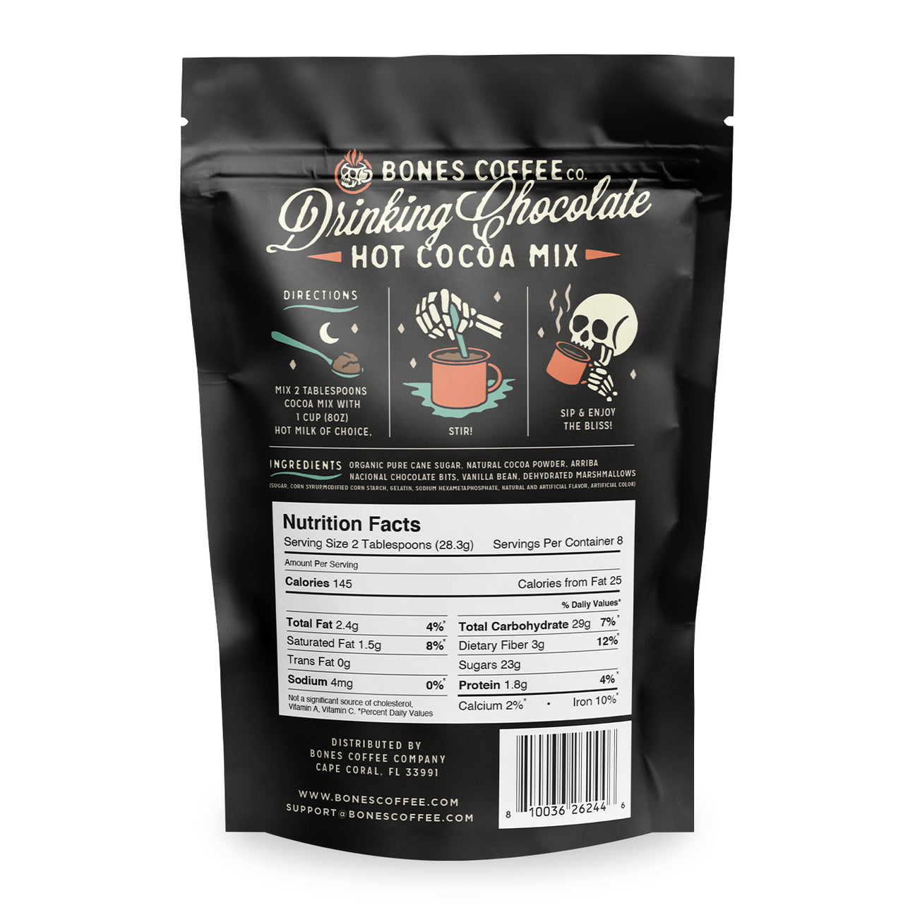 BONES COFFEE DRINKING CHOCOLATE HOT COCOA MIX 8 SERVINGS