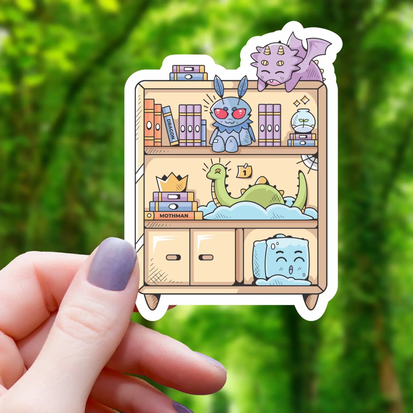 CRYPTIDS AND MONSTERS ON BOOKSHELF STICKER
