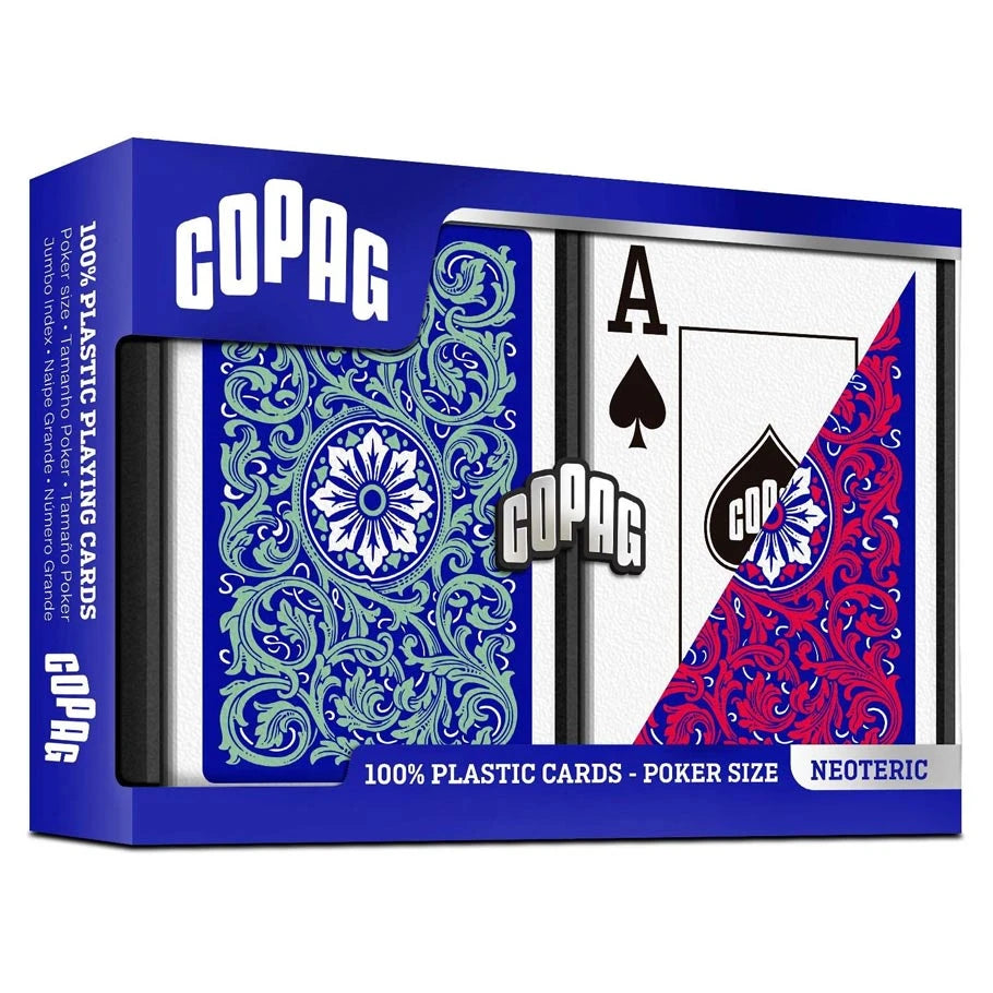 PLAYING CARDS: COPAG: NEOTERIC: PLASTIC POKER SIZE JUMBO INDEX GREEN/BLUE/RED 2-PACK