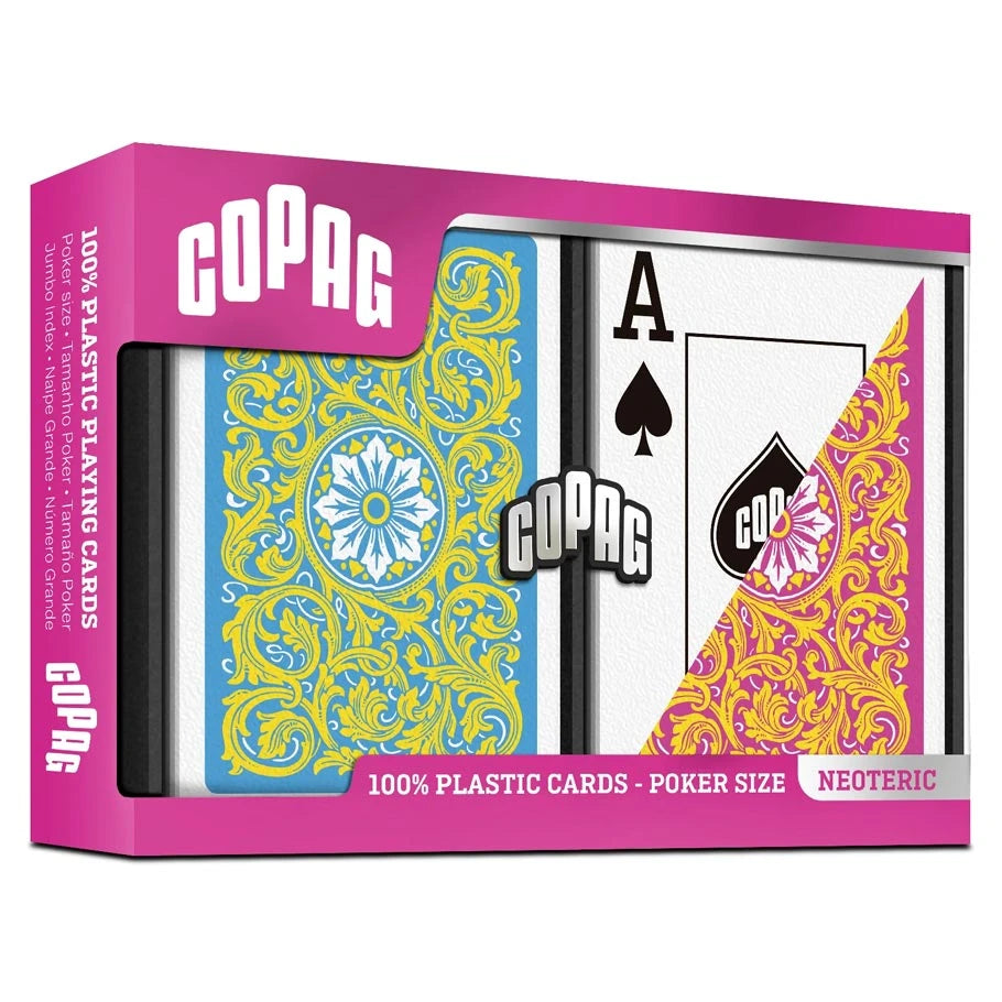 PLAYING CARDS: COPAG: NEOTERIC: PLASTIC POKER SIZE JUMBO INDEX YELLOW/PINK/BLUE 2-PACK