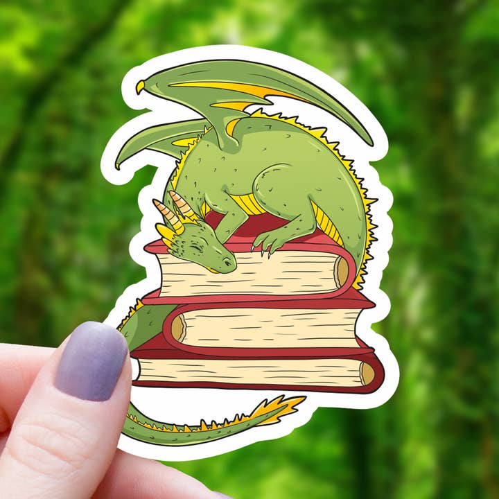 GREEN DRAGON SLEEPING ON BOOKS STICKER