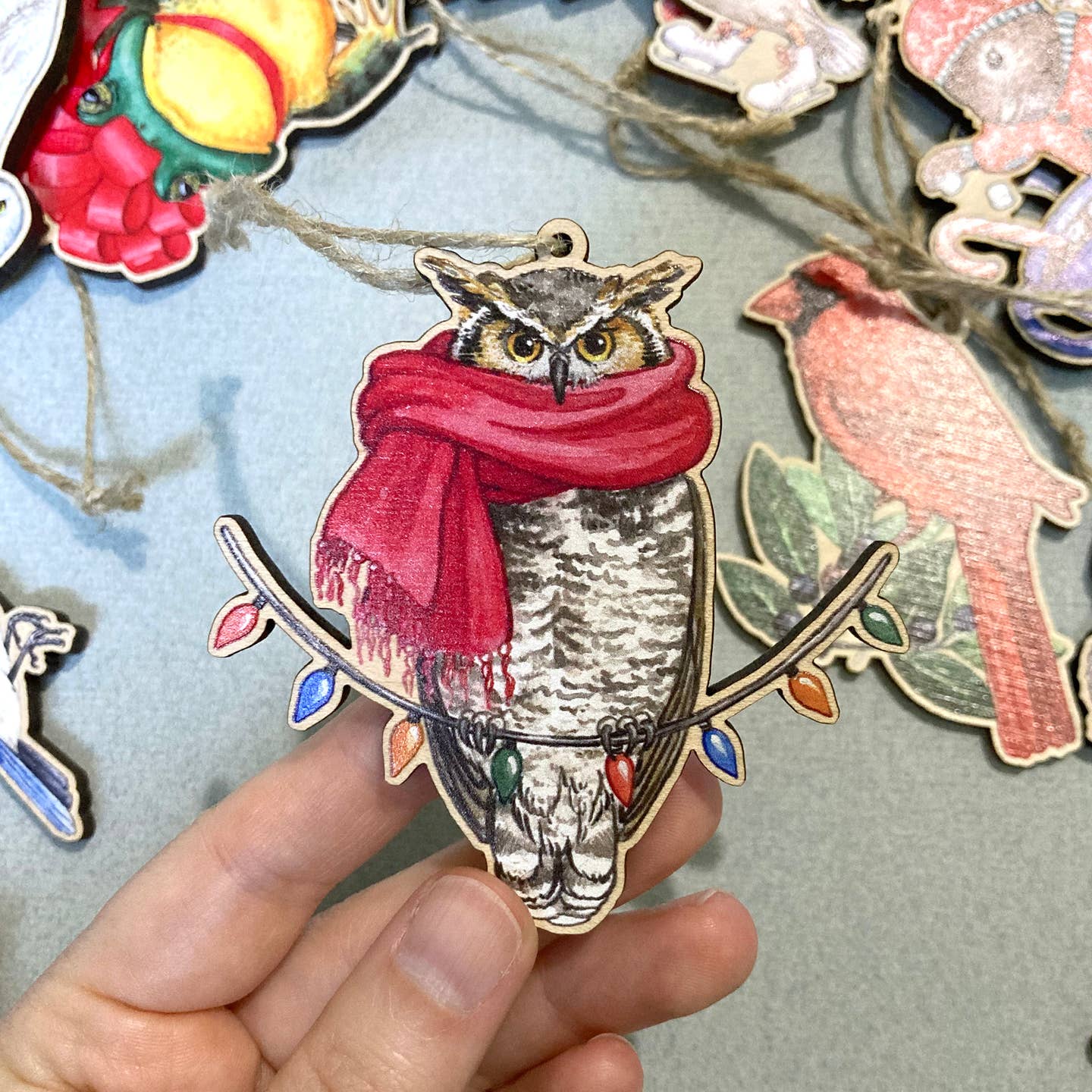 FESTIVE OWL WOODEN HOLIDAY ORNAMENT