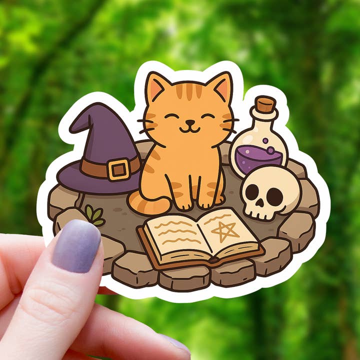 WITCHY CAT CASTING SPELL STICKER