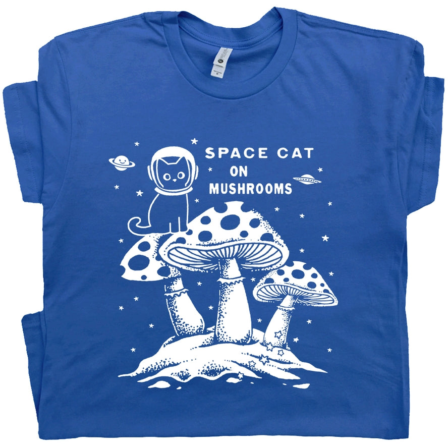 SPACE CAT ON MUSHROOMS T-SHIRT