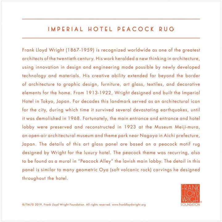 FRANK LLOYD WRIGHT IMPERIAL HOTEL PEACOCK RUG 500PC PUZZLE