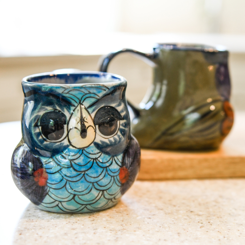 HAND PAINTED CERAMIC OWL COFFEE MUG
