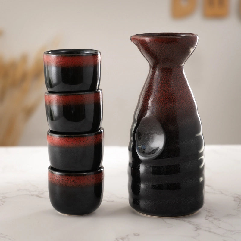 RED AND BLACK GLAZED 10oz SAKE SET