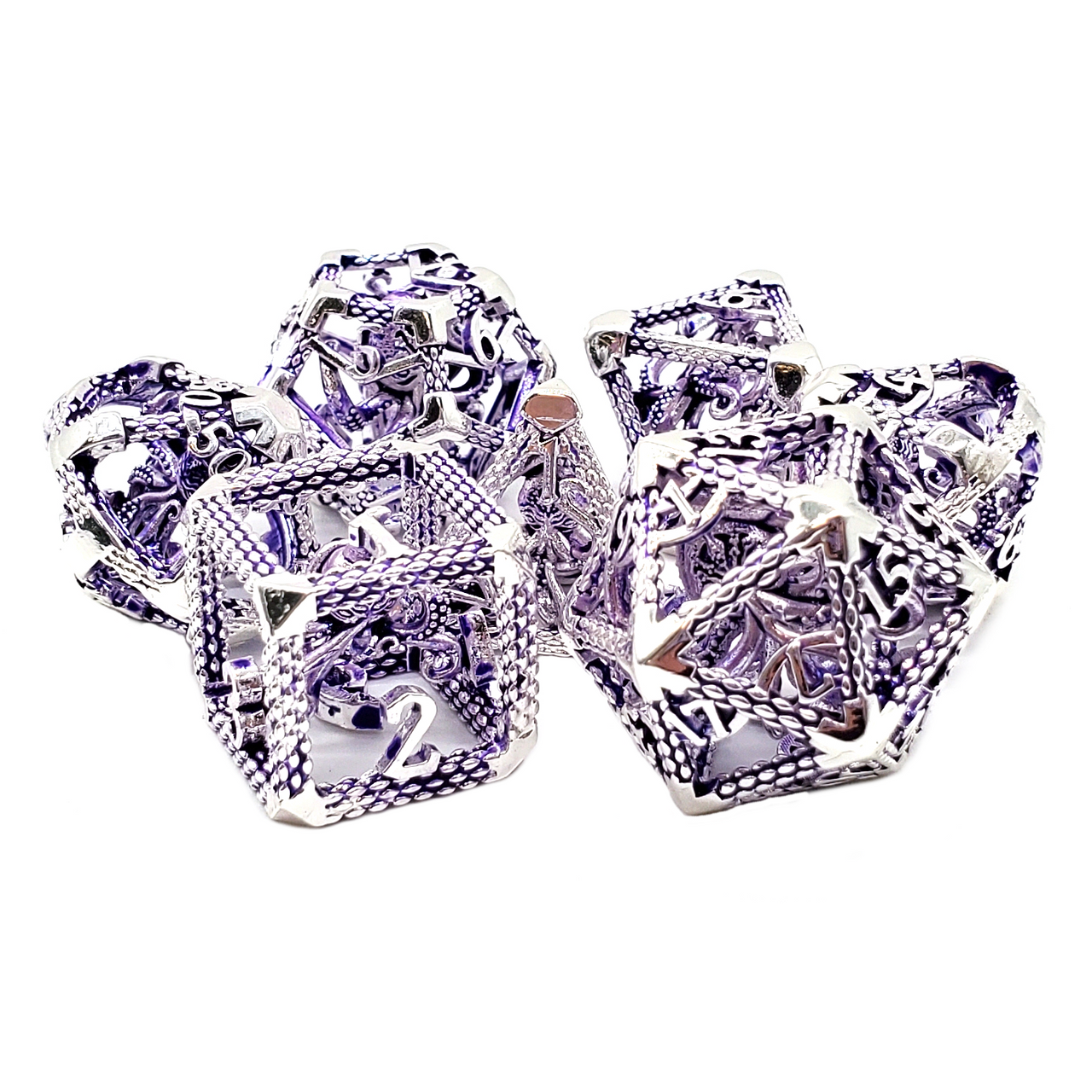 SILVER W/ PURPLE KRAKEN 7PC METAL DICE SET