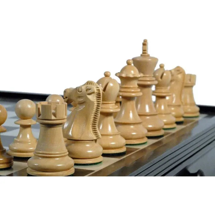 GRAND ENGLISH STYLE CHESS SET WITH STORAGE DRAWERS - BLACK STAINED 19" BOARD