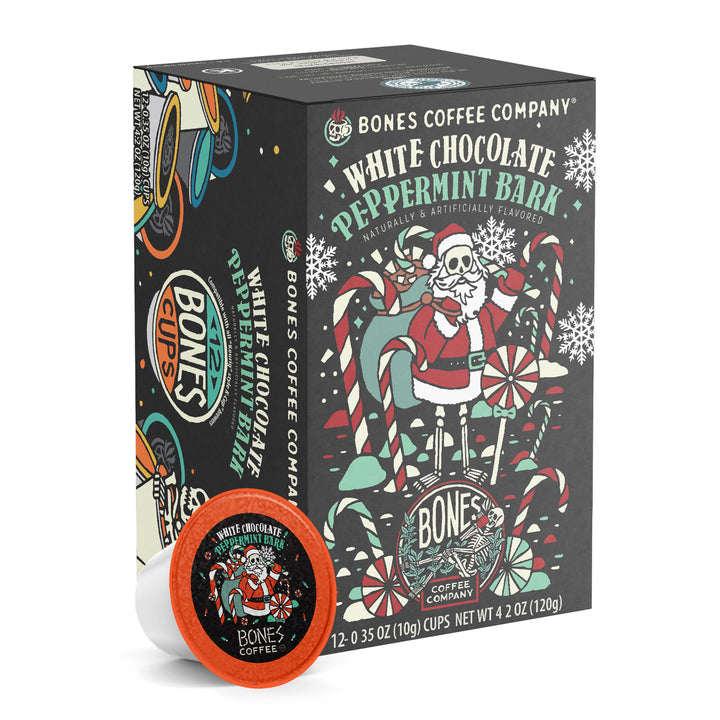 BONES COFFEE WHITE CHOCOLATE PEPPERMINT BARK 12CT CUPS