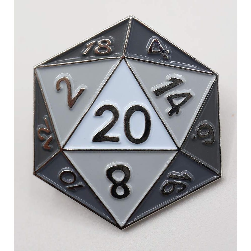 WHITE D20 ENAMEL PIN