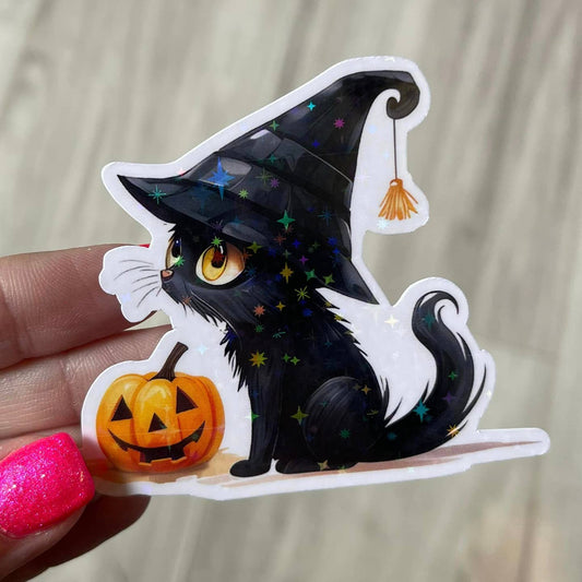 FLUFFY WITCH CAT WITH PUMPKIN STICKER