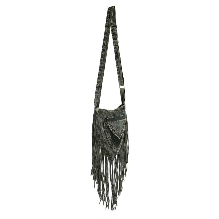 DARK GRAY STONEWASHED FRINGE TRIANGULAR PASSPORT BAG BY EARTH DIVAS