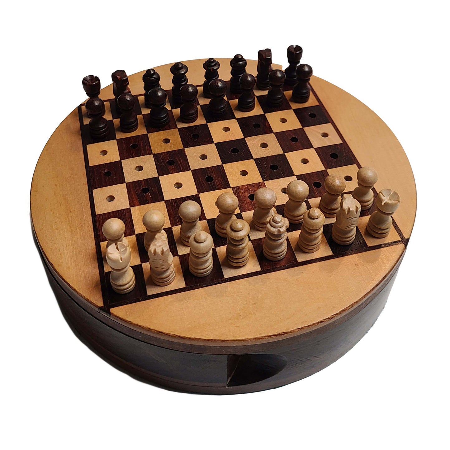 Round Wooden Travel Chess Set with Pegged Chessmen – 6 inches