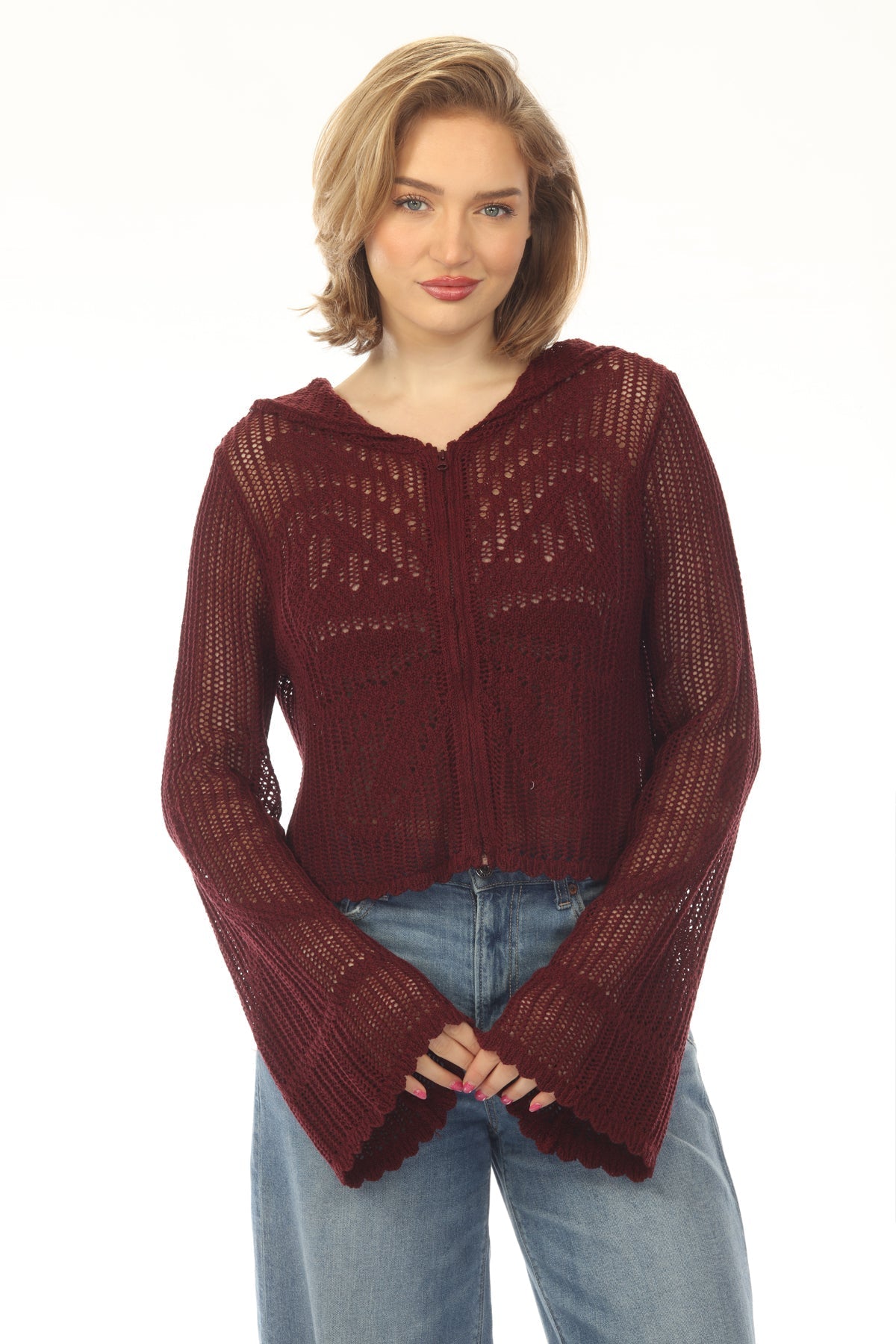 BUTTERFLY CROPPED ZIP HOODIE - MAROON