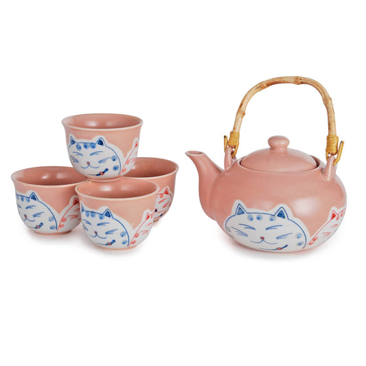 HAPPY CAT PINK TEA SET (TEAPOT AND FOUR TEACUPS)