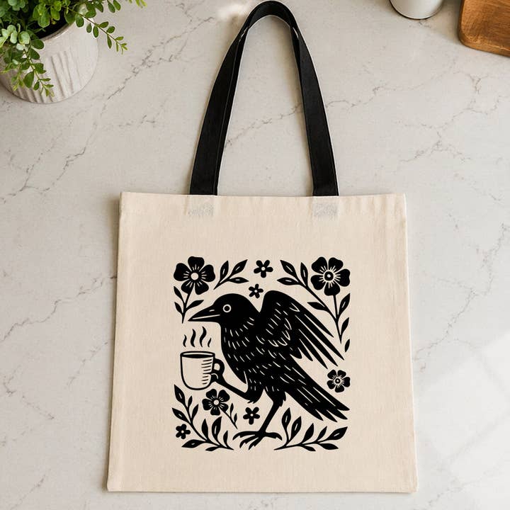 BOHO CROW COFFEE LOVER BLACK HANDLE TOTE