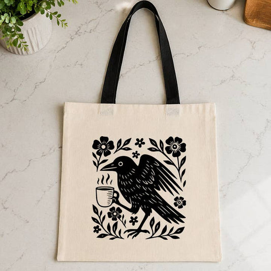 BOHO CROW COFFEE LOVER BLACK HANDLE TOTE