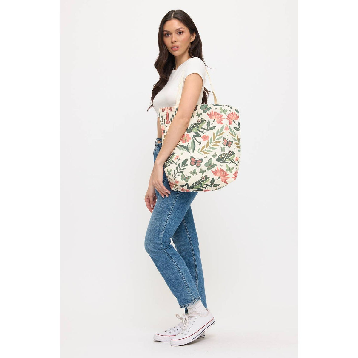 FOLK ART FROG AND FLORAL PRINT TOTE BAG