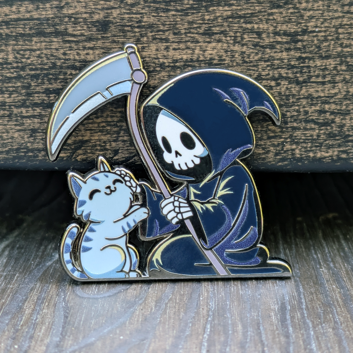GRIM REAPER PETTING A CAT ENAMEL PIN