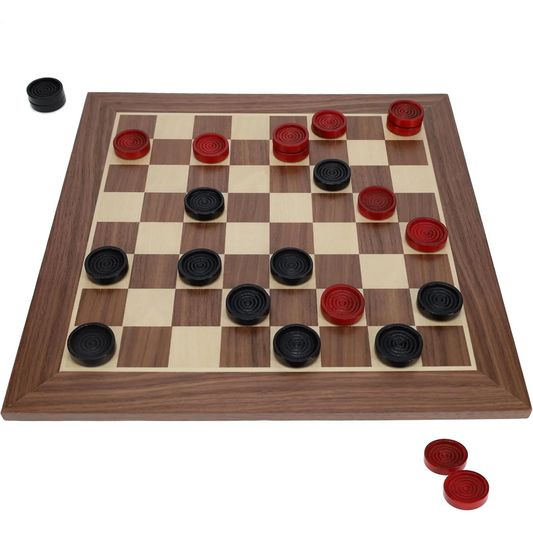 OLD SCHOOL WOODEN CHECKERS SET- BLACK/RED PIECES 12"
