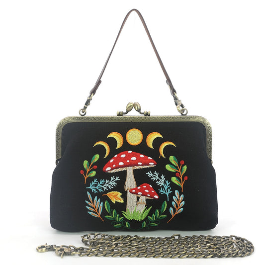 MOON MUSHROOM KISSLOCK VINTAGE STYLE PURSE (BLACK)