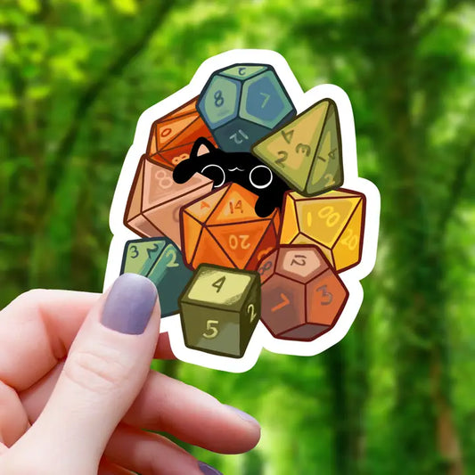 CAT AMONGST POLYHEDRAL DICE STICKER