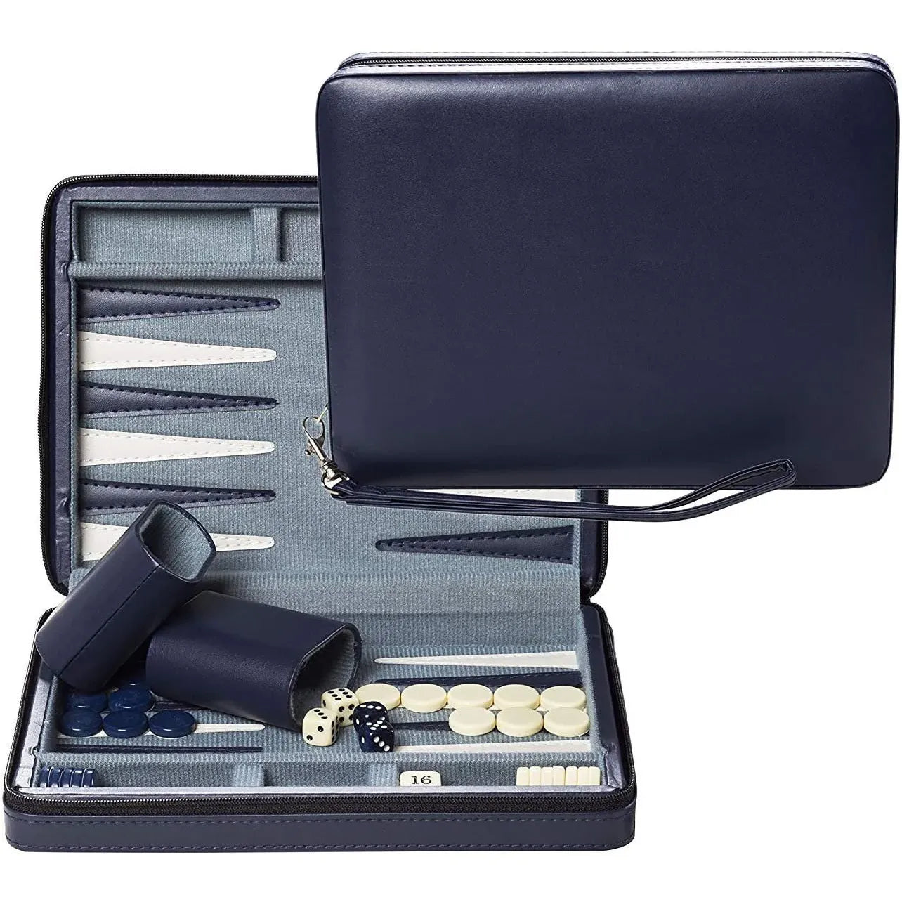 MAGNETIC BACKGAMMON WITH LEATHERETTE CASE AND CARRYING STRAP - TRAVEL SIZE