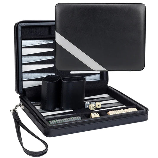 MAGNETIC BACKGAMMON WITH LEATHERETTE CASE AND CARRYING STRAP - TRAVEL SIZE
