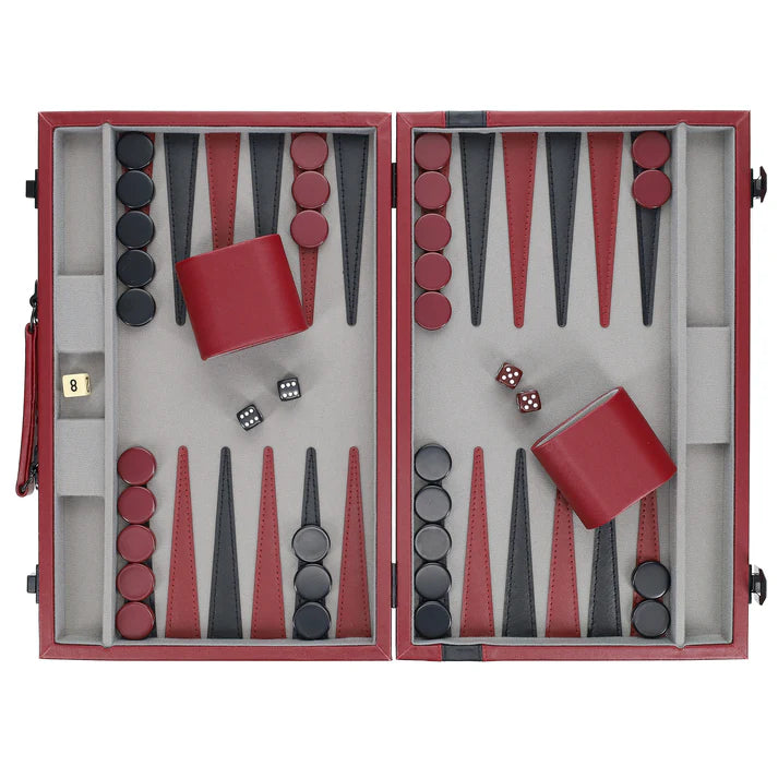 BURGUNDY & BLACK LEATHERETTE BACKGAMMON SET
