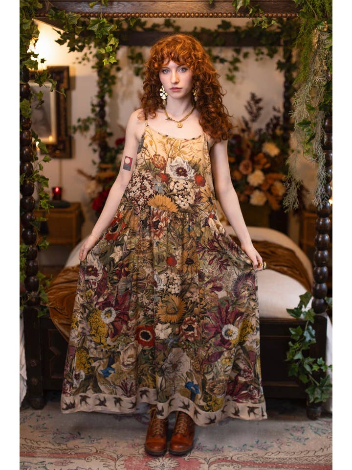 GOLDEN HOUR BOHÉME LONG MAXI SLIP DRESS W/ FLORAL PRINT